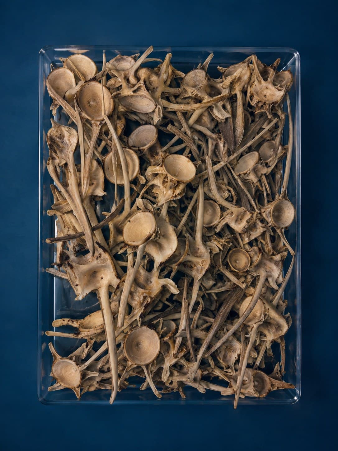 Tuna bones laid out in a laboratory tray